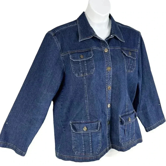 Vintage Erika Womens XL Stretch Fit Denim Jean Jacket Coat  Button Up 4 Pocket - Picture 6 of 16